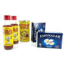 Pack Espinaler Berberechos al Natural x2, Salsas Espinaler 92ml. x2 y Aceitunas Rellenas de Anchoa 350g.