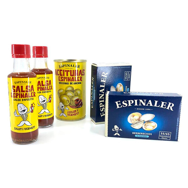 Pack Espinaler Berberechos al Natural x2, Salsas Espinaler 92ml. x2 y Aceitunas Rellenas de Anchoa 350g.