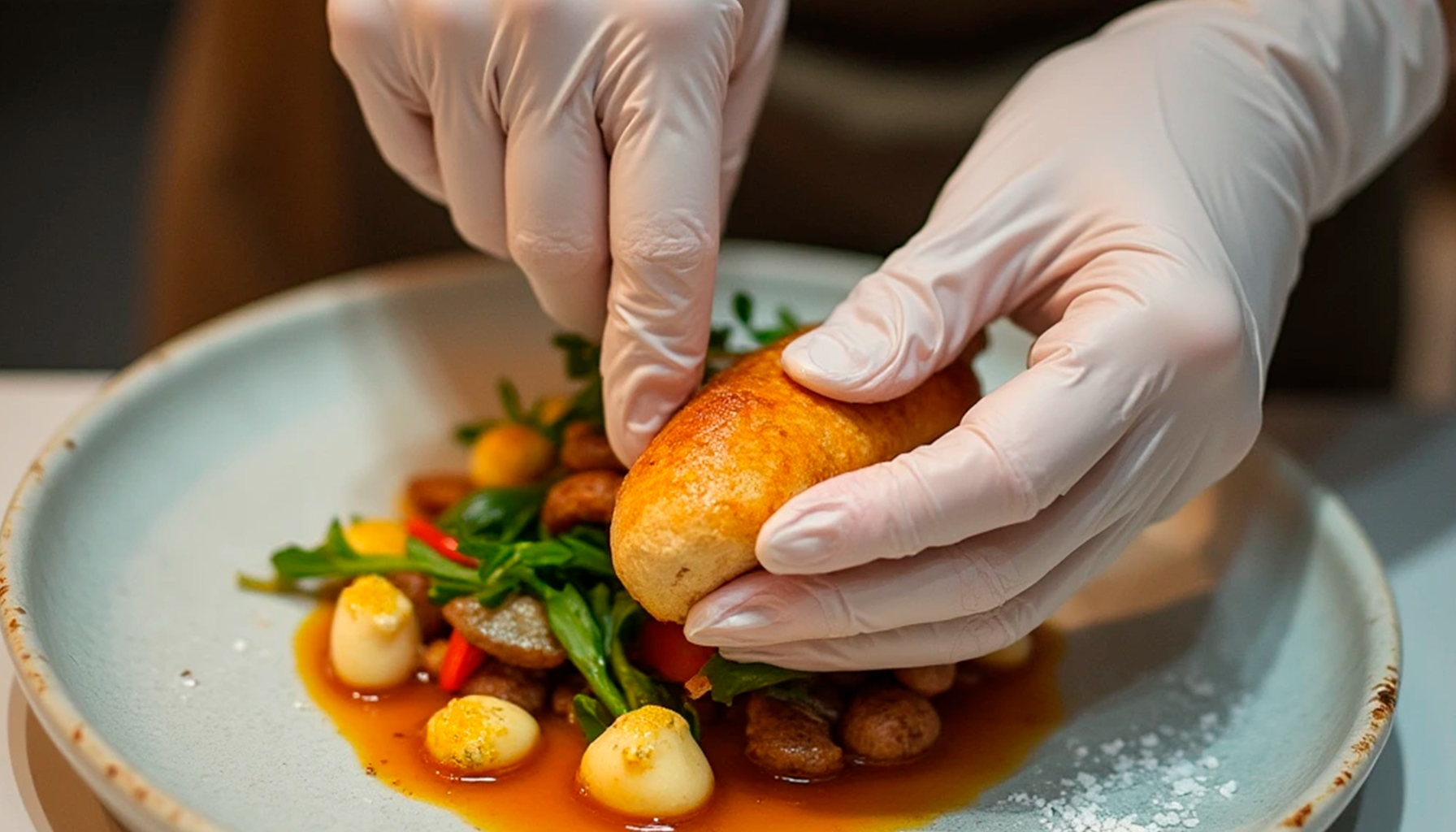 Cocinero elaborando una receta con guantes